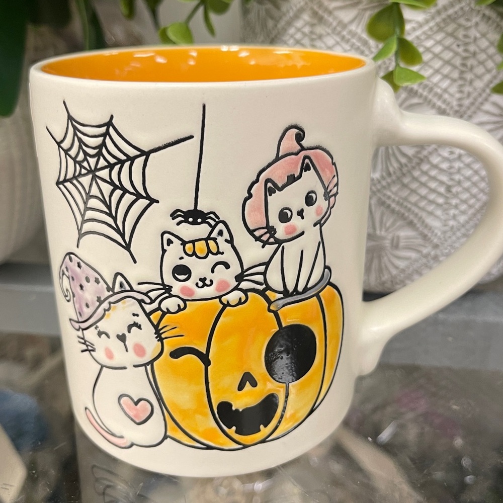 Pink Halloween Cat Witches & Pumpkins Orange Ceramic Coffee Mug NWT Eli & Ana